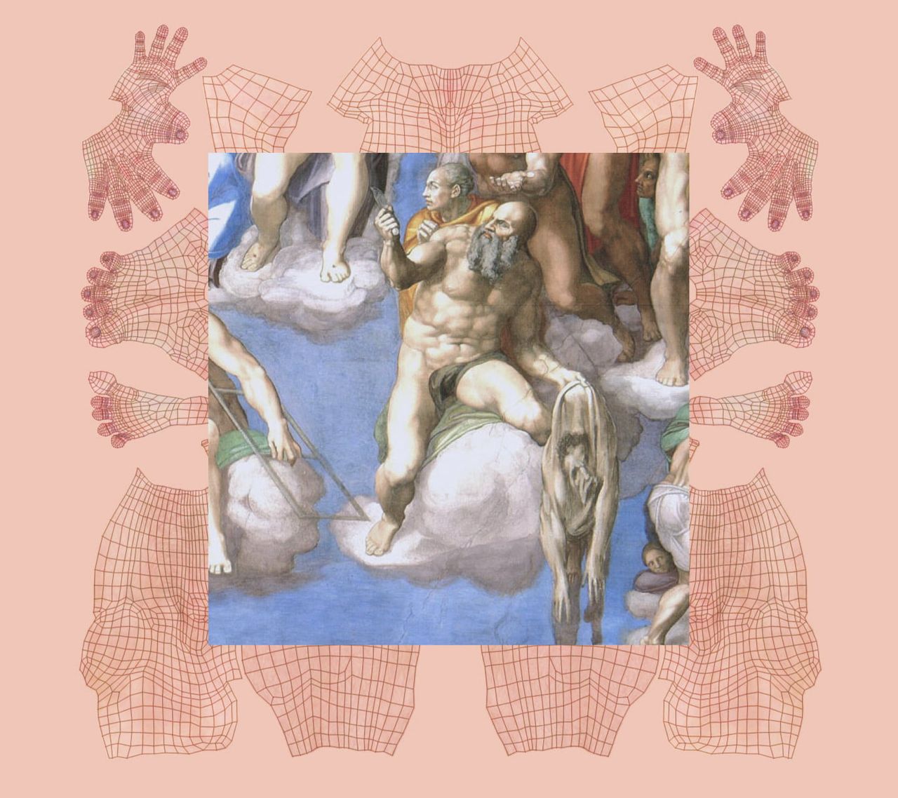 Collage of an UV map of the human body and a detail of Michelangelo's Universal Judgment depicting St. Bartholomew showing off his peeled out skin