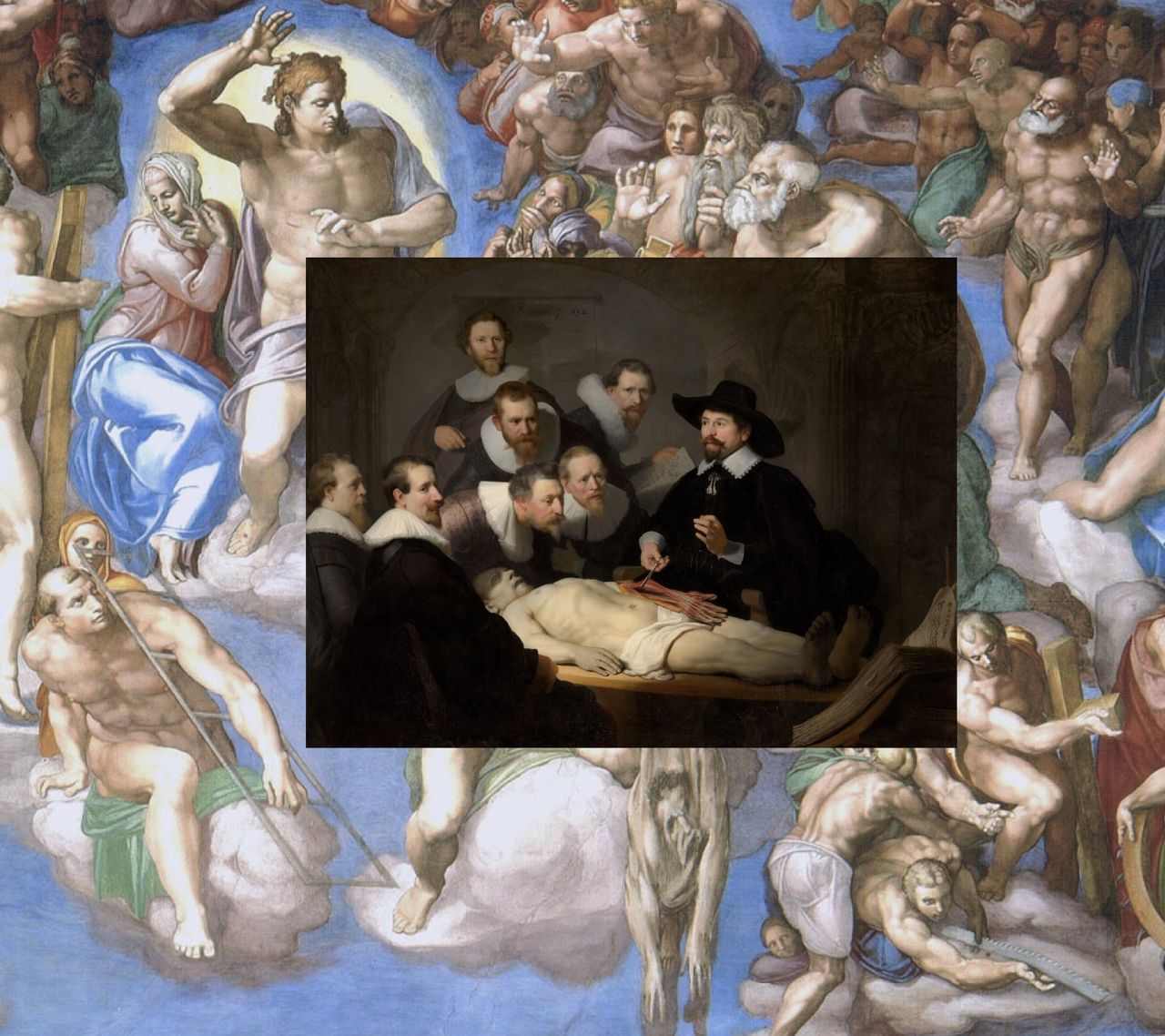 Collage of Michelangelo's Universal Judgment and Rembrandt's the Anathomy Lesson of Dr Tulp. The doctor reveals to his students what is hidden underneath the skin of a corpse.