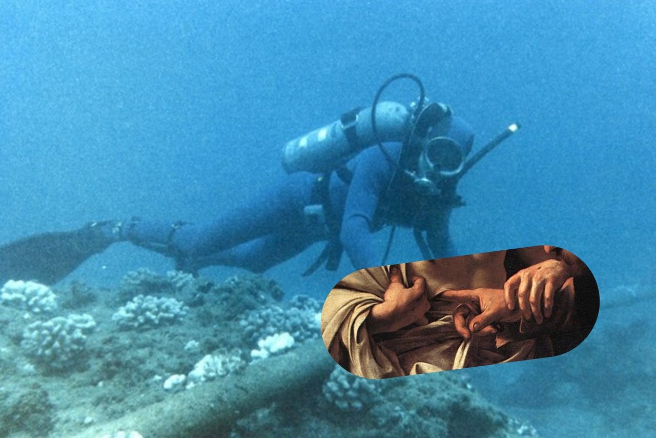 A scuba-diver touches an underwater internet cable. In overlay: a detail from Caravaggio's Incredulity of Saint Thomas, with the finger of the saint touching the wounds of Jesus
