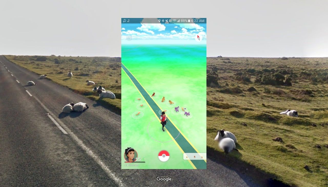 Collage of a screenshot from Google Street View showing a road with an herd of sheeps gracefully grazing throughout and a screenshot from PokemonGo with a trainer surrounded by pokemons