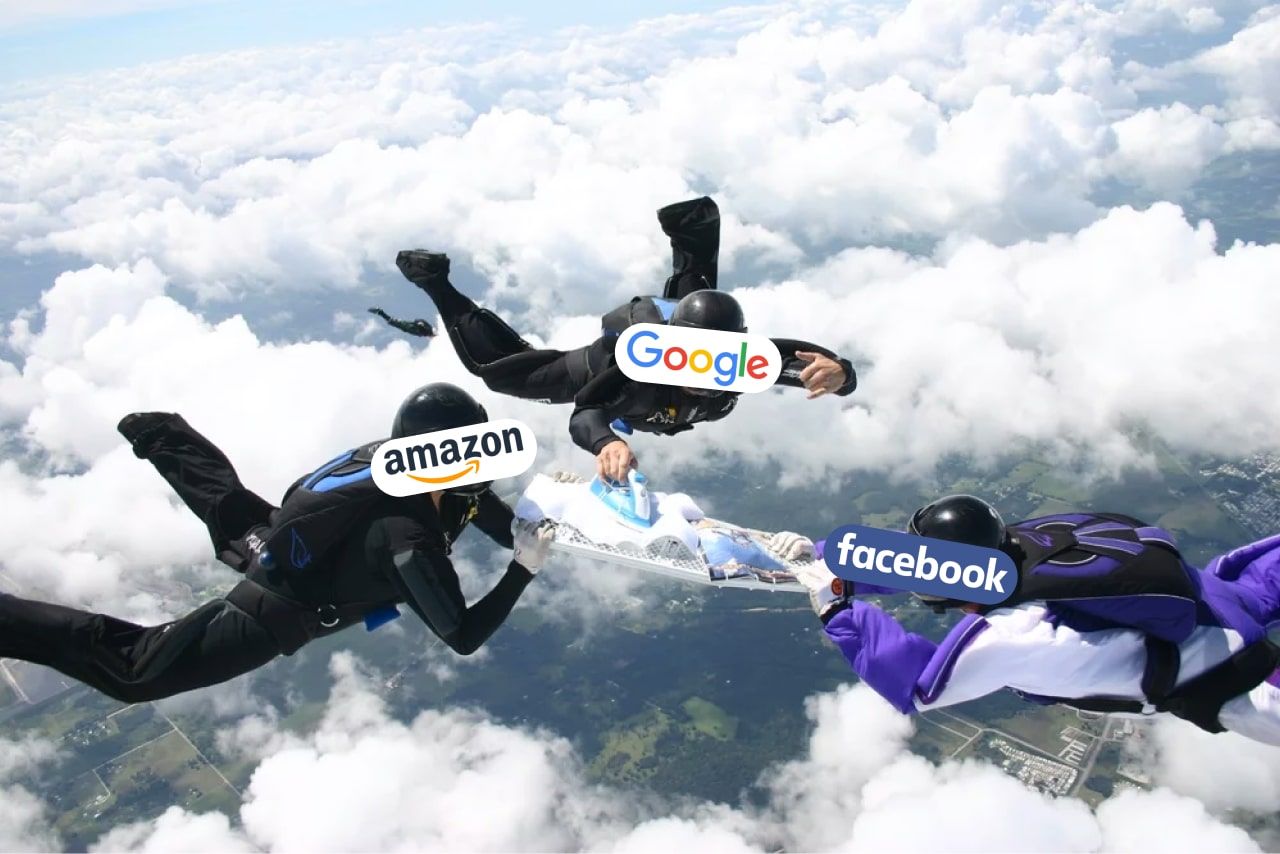 A group of paratroopers ironing during their fall. Above their head stand the logos of Facebook, Google and Amazon