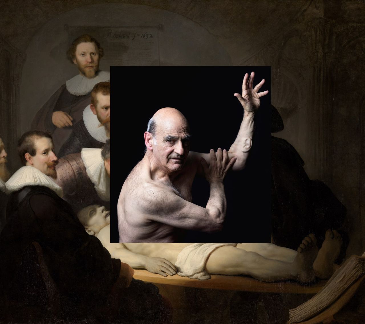 Collage of Rembrandt's Anathomy Lesson of Dr Tulp and a picture of performance artist Stelarc, posing with his brand new ear surgicaly planted on his forearm