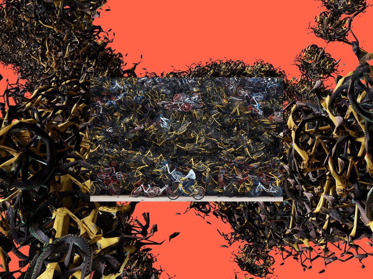 A typhoon of bikes in a 3D environment with a photo from a bike graveyard in overlay. In the forefront a person cycles by.