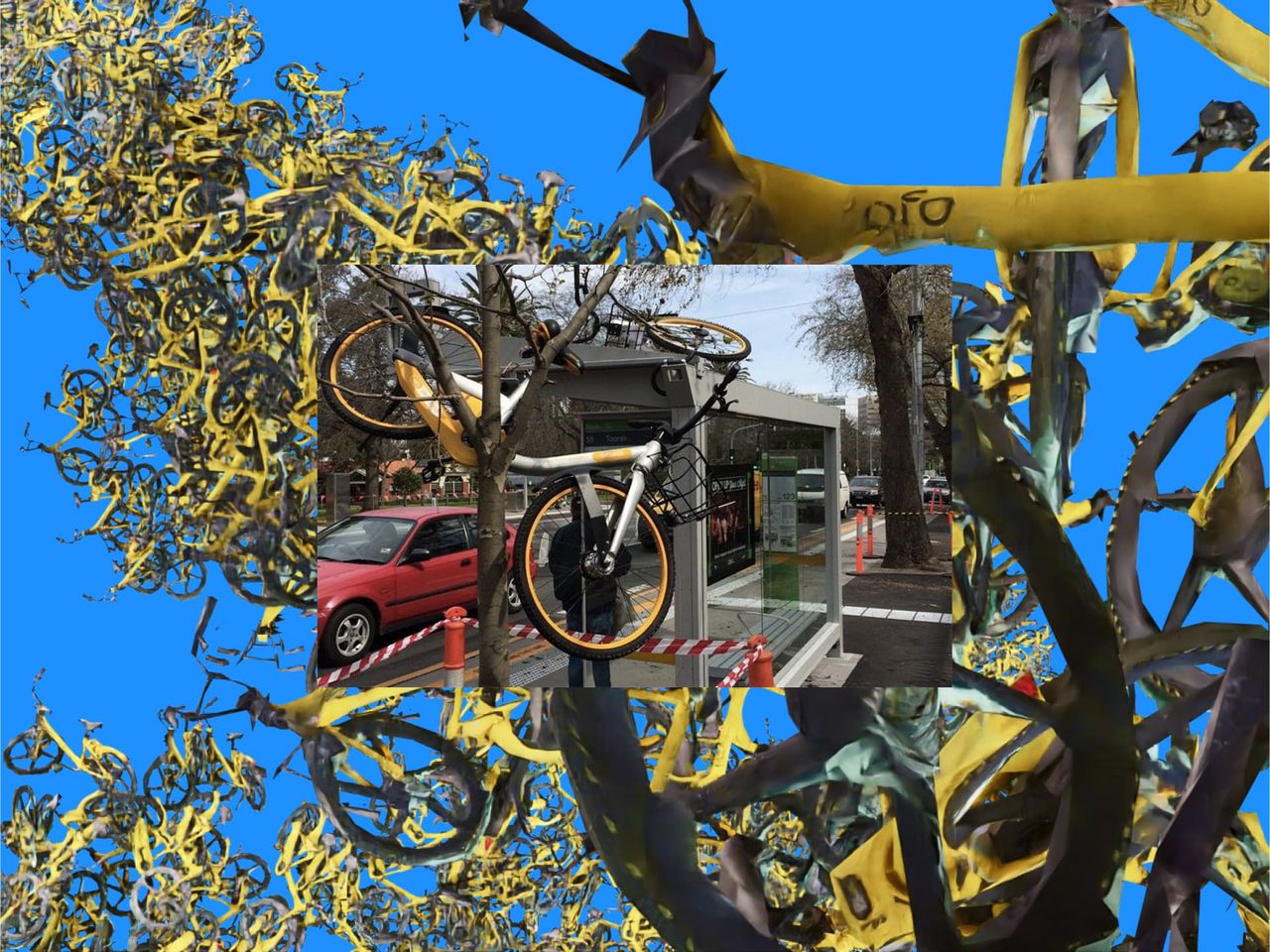 A tornado of bikes in a 3D environment with a photo of a bike stuck on a tree in overlay.