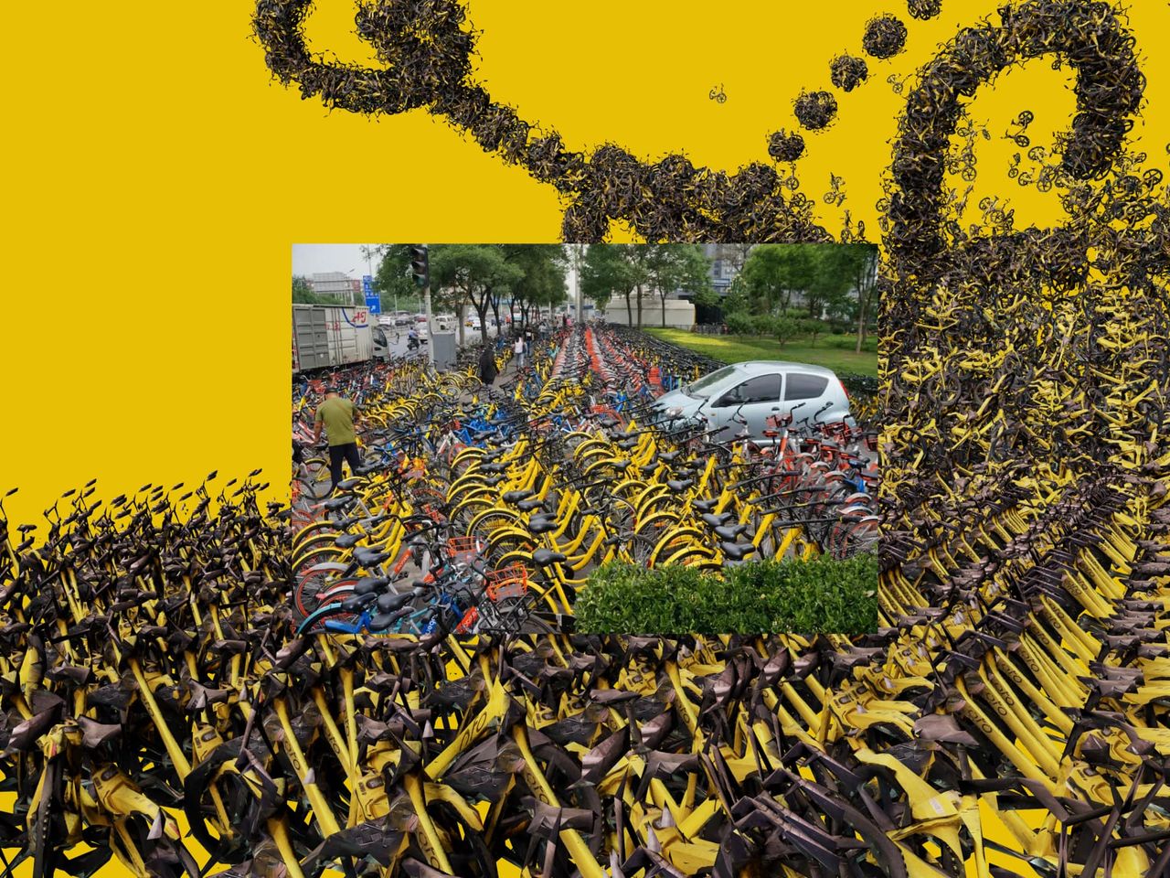 A grid of bikes in a 3D environment with a photo of the same bike model displaced in the real world in overlay. In the background the grid becomes chaos.