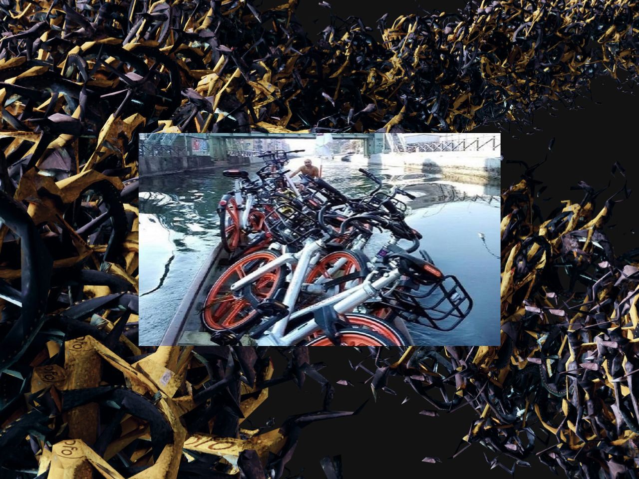 A swirl of bikes with a photo of a barge pulling out lost bikes from a water canal in overlay.
